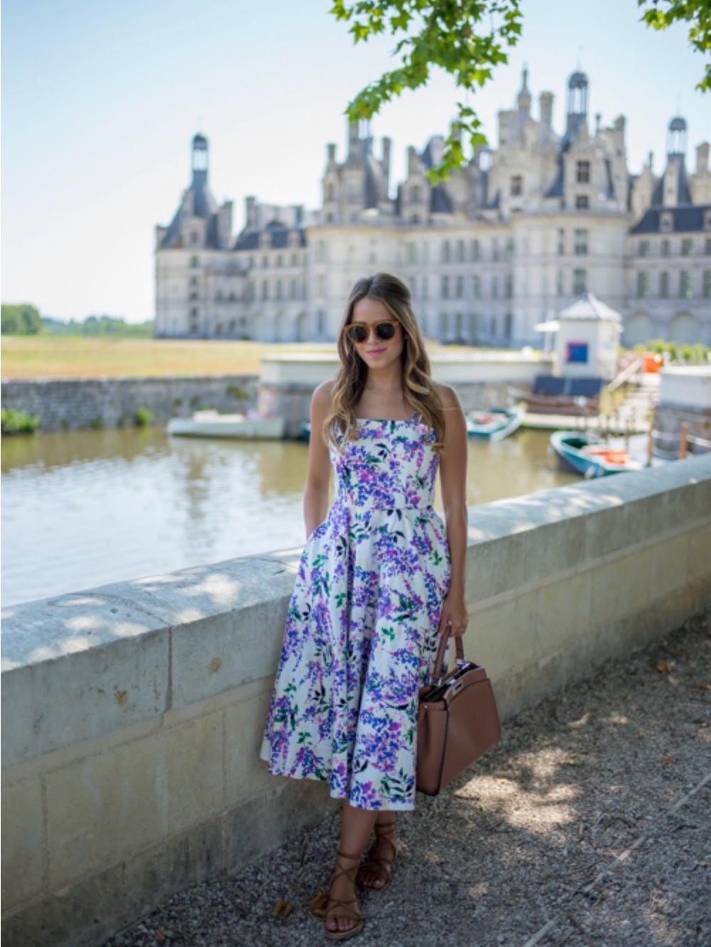 Maggy London White Midi Dress with Purple Floral Print and Green Accents. Size 6